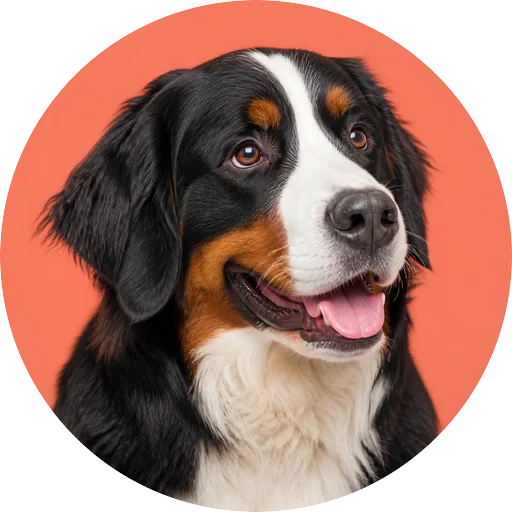 Retrato em ângulo três quartos de cachorro da raça Bernese em fundo coral
