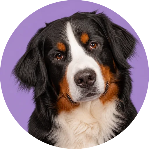 Retrato de cachorro da raça Bernese com leve inclinação da cabeça em fundo lilás