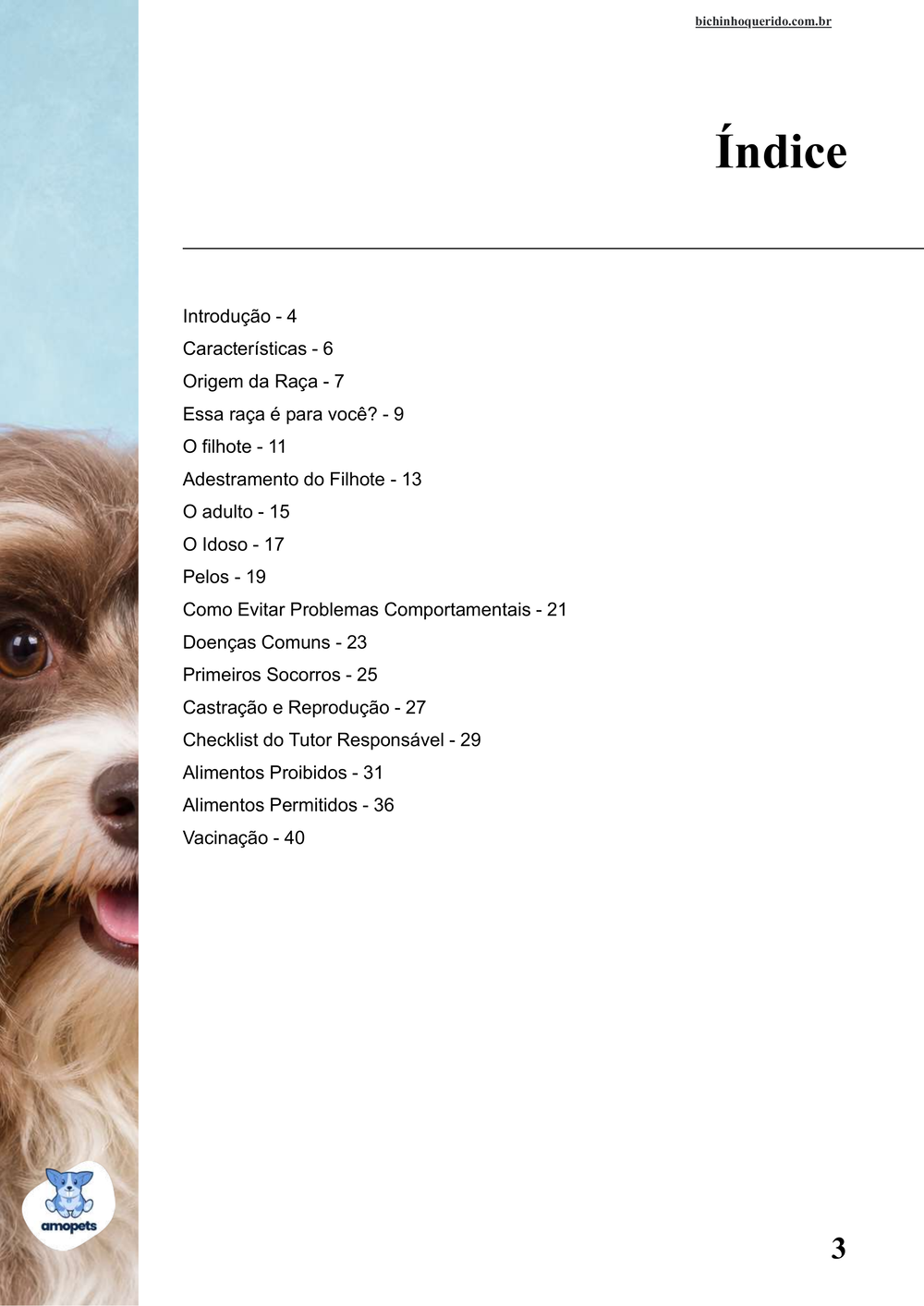 índice do e-book Guia de Como Cuidar do Bichon Havanês
