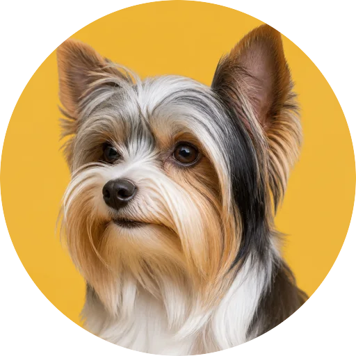Retrato em ângulo três quartos de cachorro da raça Biewer Terrier em fundo mostarda