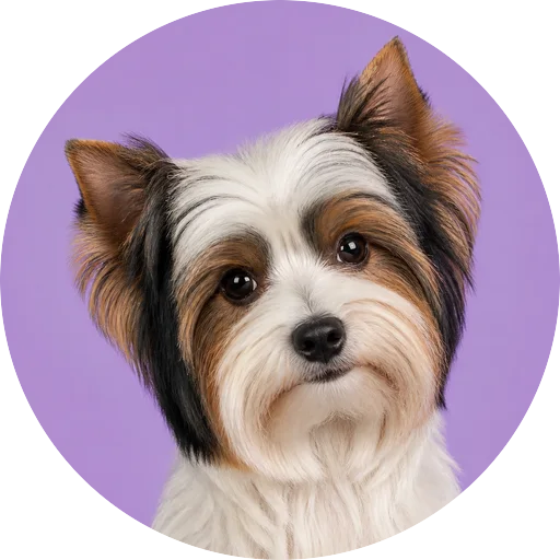 Retrato de cachorro da raça Biewer Terrier com leve inclinação da cabeça em fundo lilás