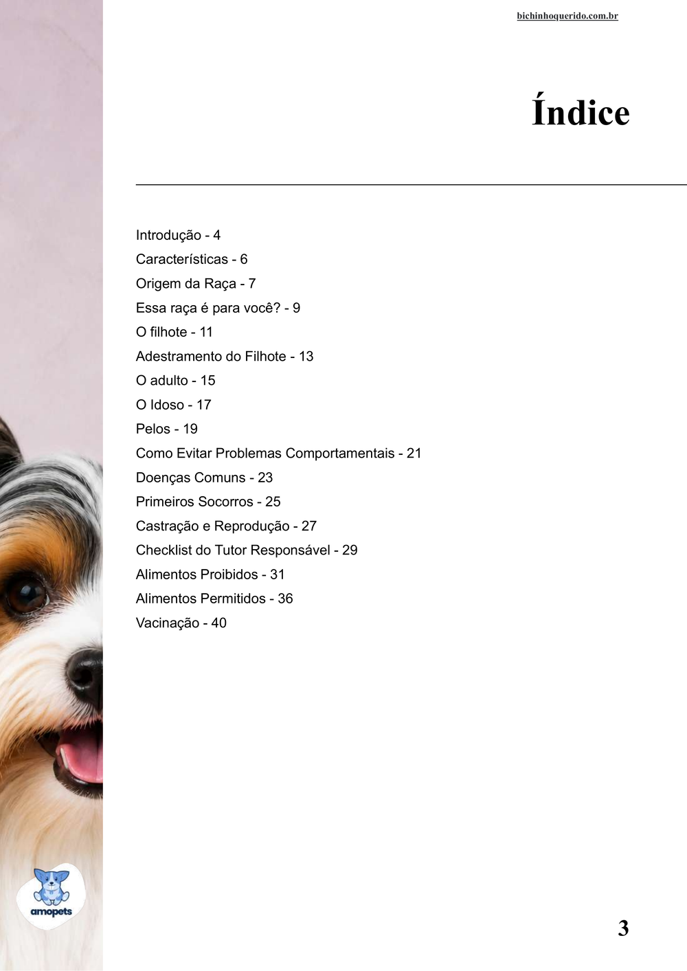 índice do e-book Guia de Como Cuidar do Biewer Terrier