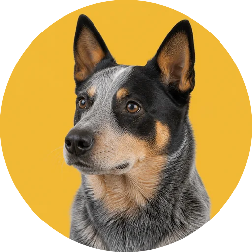 Retrato em ângulo três quartos de cachorro da raça Blue Heeler em fundo mostarda