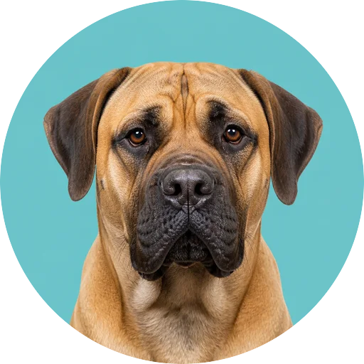 Retrato frontal de cachorro da raça Boerboel em fundo turquesa