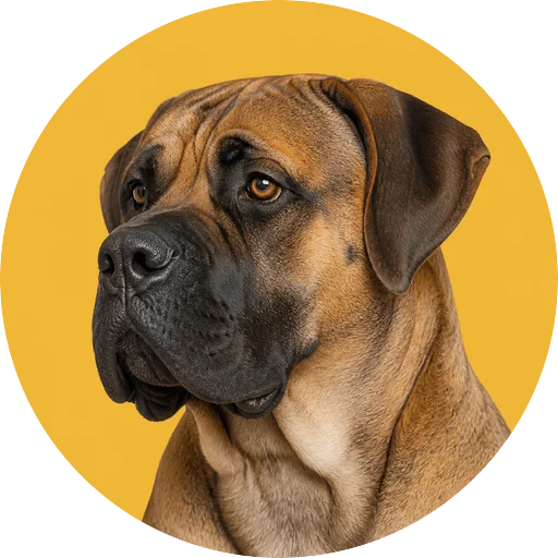 Retrato em ângulo três quartos de cachorro da raça Boerboel em fundo mostarda