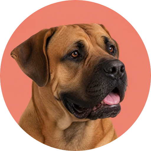 Retrato em ângulo três quartos de cachorro da raça Boerboel em fundo coral