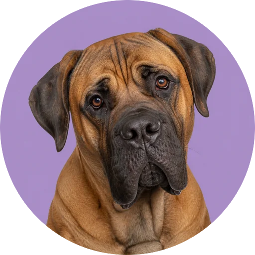 Retrato de cachorro da raça Boerboel com leve inclinação da cabeça em fundo lilás