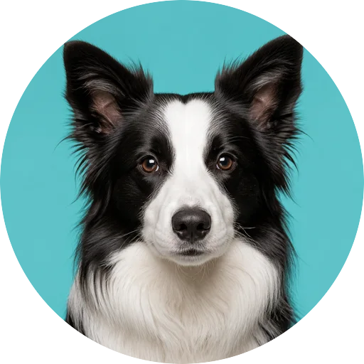 Retrato frontal de cachorro da raça Border Collie em fundo turquesa