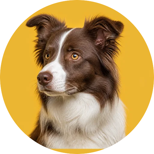 Retrato em ângulo três quartos de cachorro da raça Border Collie em fundo mostarda