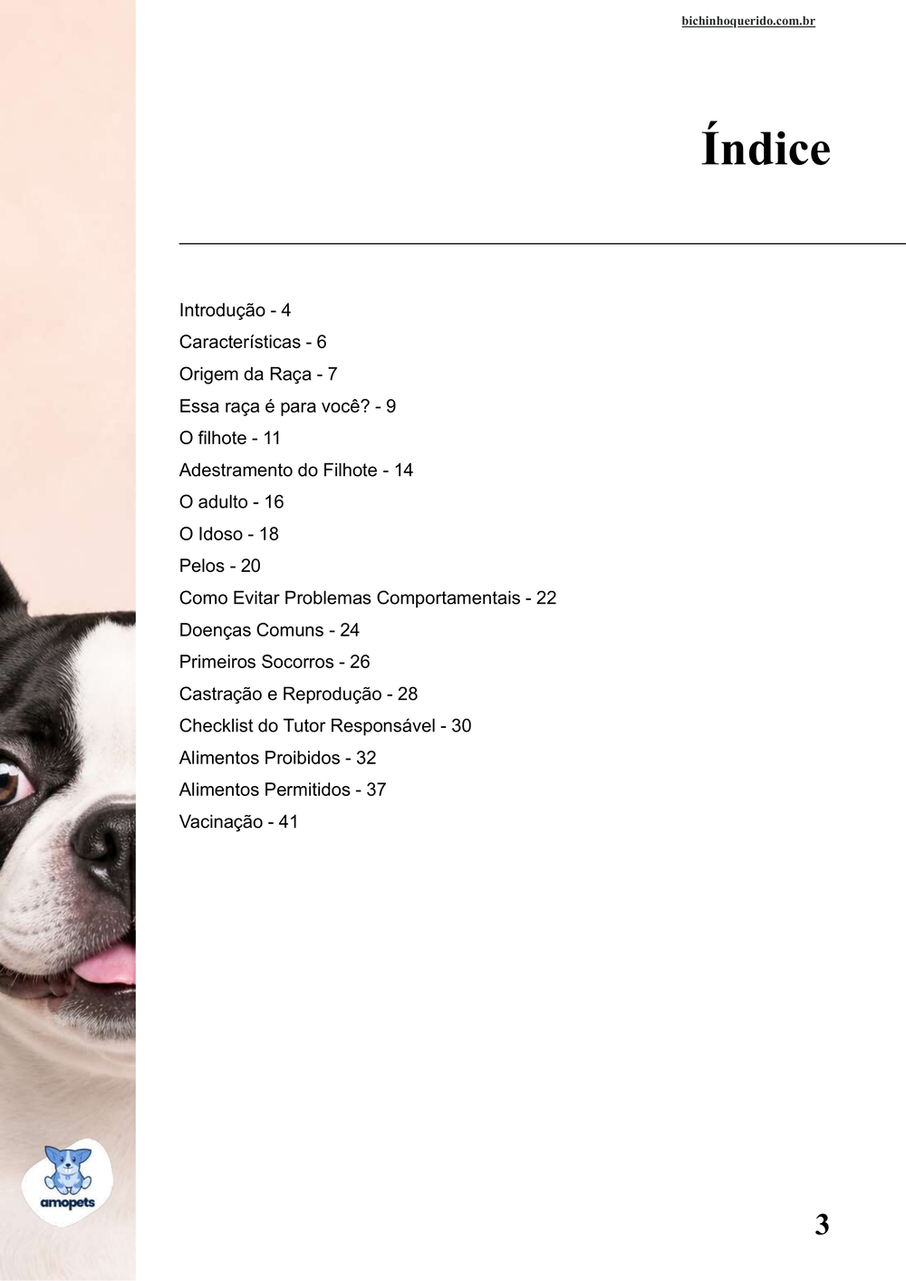 índice do e-book Guia de Como Cuidar do Boston Terrier