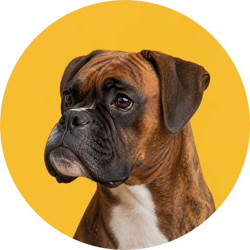 Retrato em ângulo três quartos de cachorro da raça Boxer em fundo mostarda