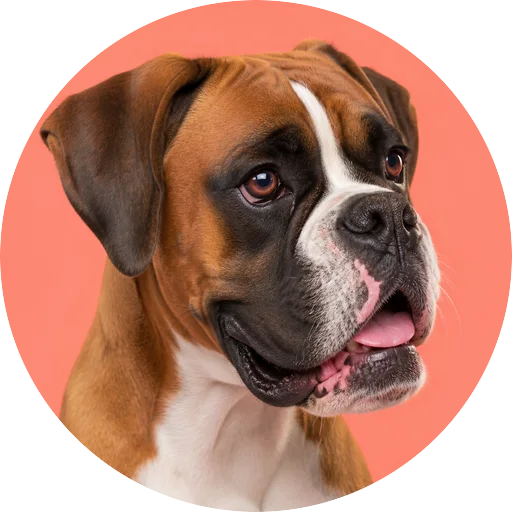 Retrato em ângulo três quartos de cachorro da raça Boxer em fundo coral