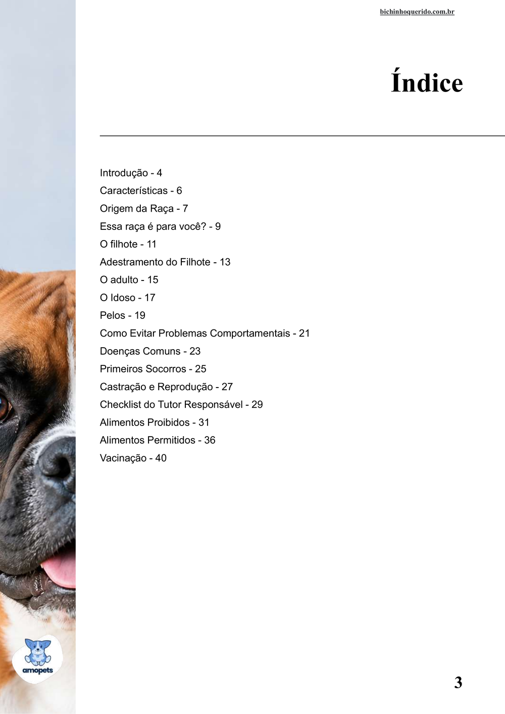 índice do e-book Guia de Como Cuidar do Boxer