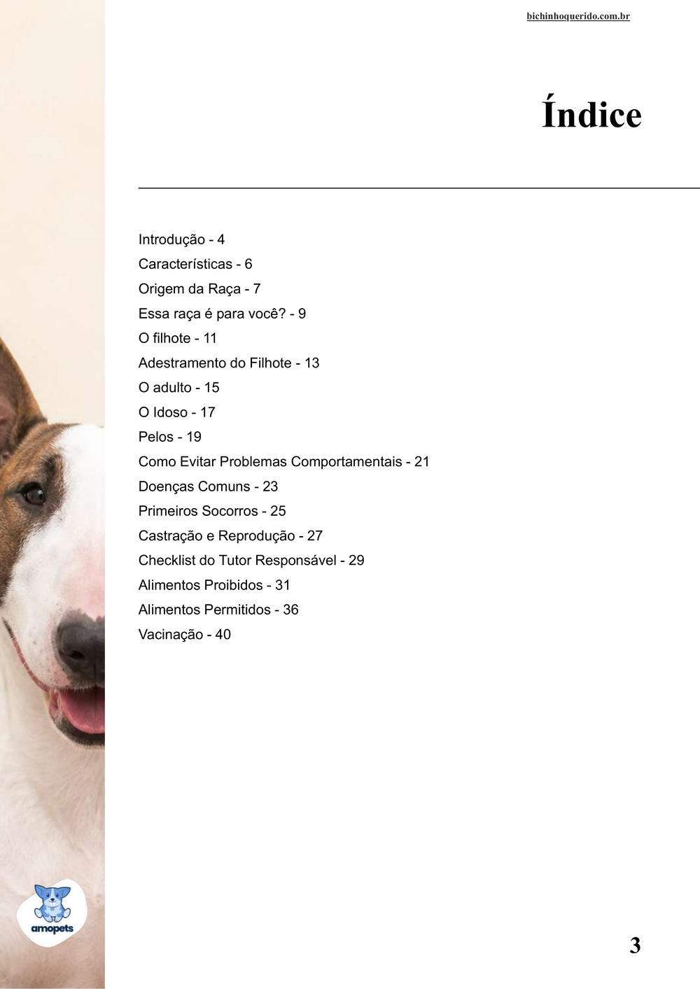 índice do e-book Guia de Como Cuidar do Bull Terrier