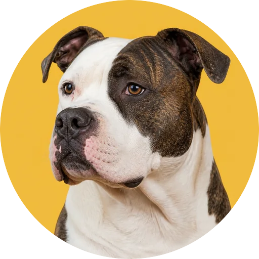 Retrato em ângulo três quartos de cachorro da raça Bulldog Americano em fundo mostarda