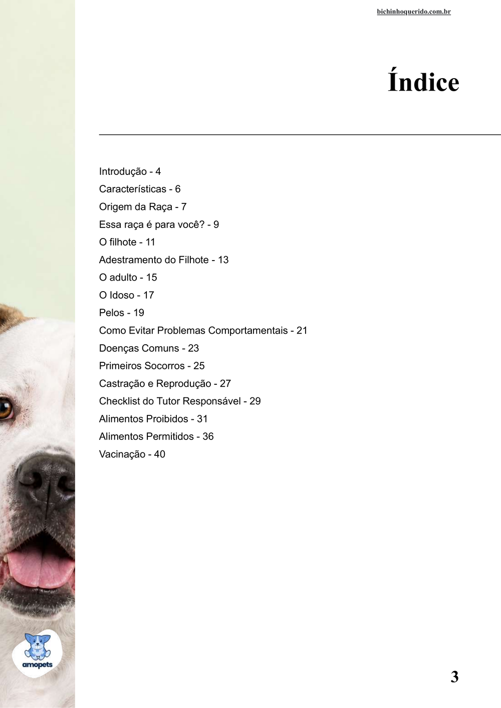 índice do e-book Guia de Como Cuidar do Bulldog Americano