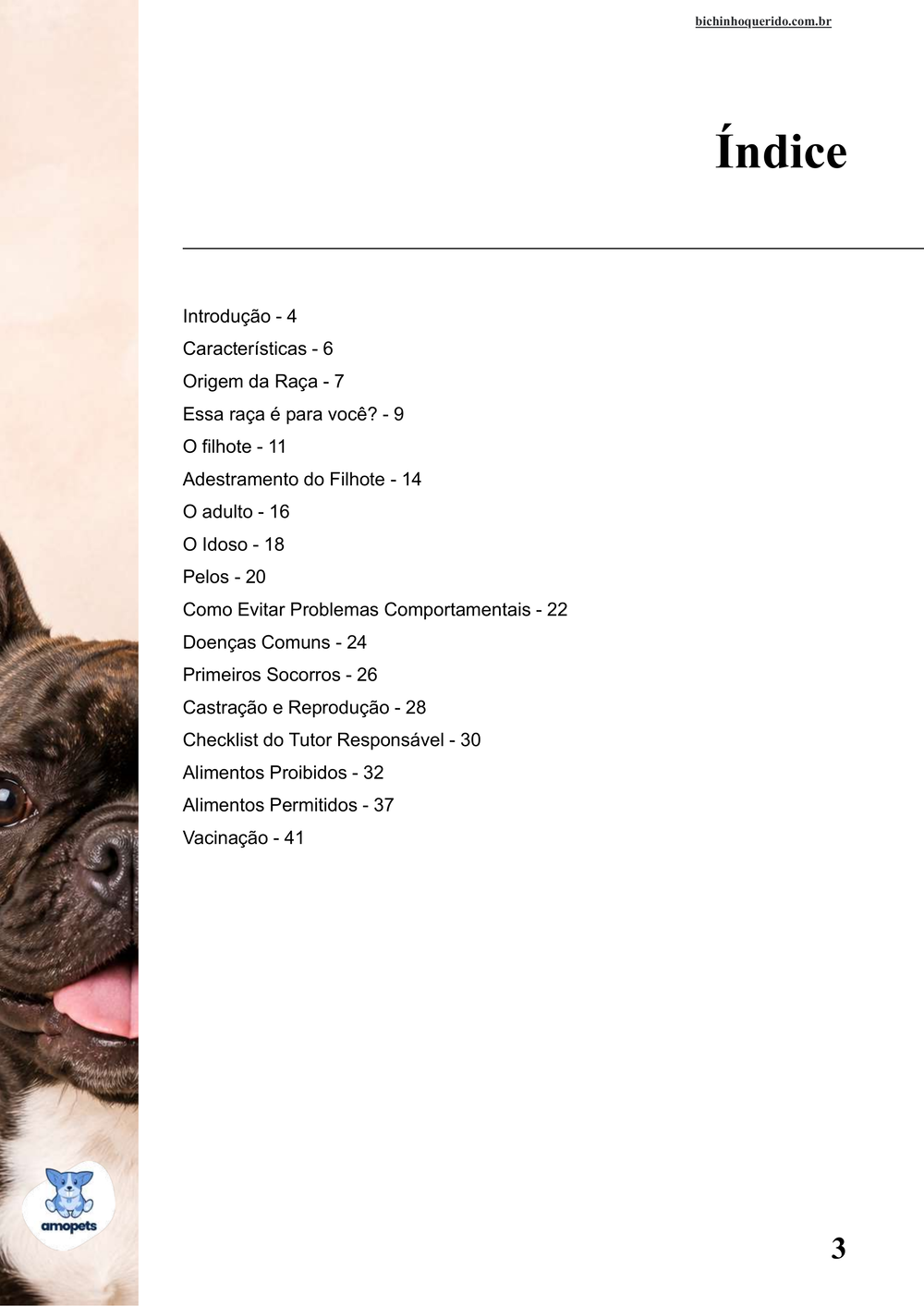 índice do e-book Guia de Como Cuidar do Bulldog Francês
