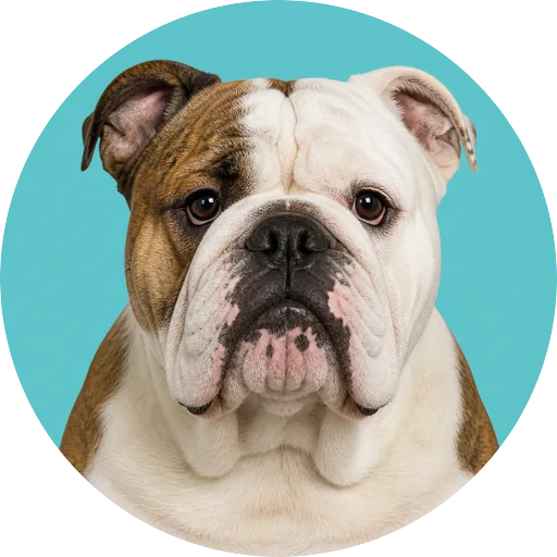 Retrato frontal de cachorro da raça Bulldog Inglês em fundo turquesa