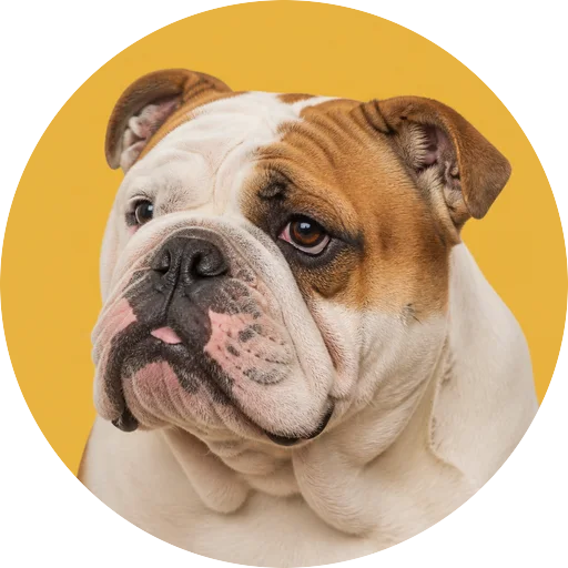 Retrato em ângulo três quartos de cachorro da raça Bulldog Inglês em fundo mostarda