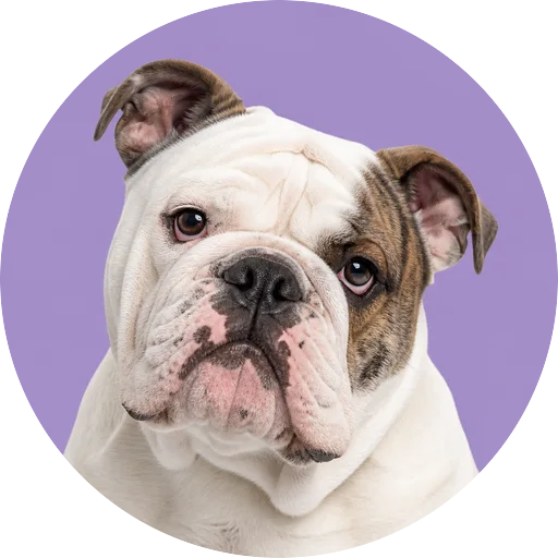 Retrato de cachorro da raça Bulldog Inglês com leve inclinação da cabeça em fundo lilás