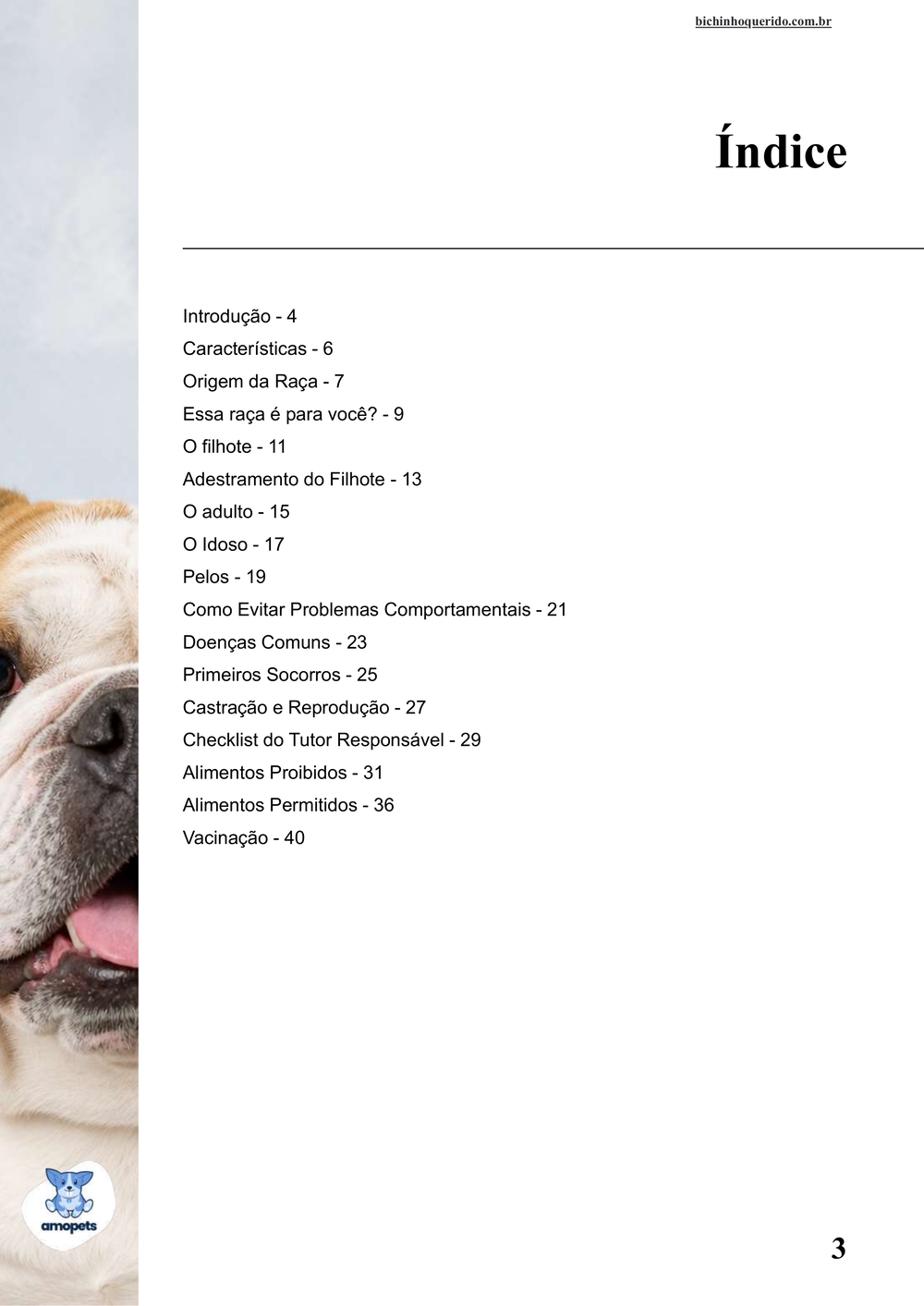 índice do e-book Guia de Como Cuidar do Bulldog Inglês