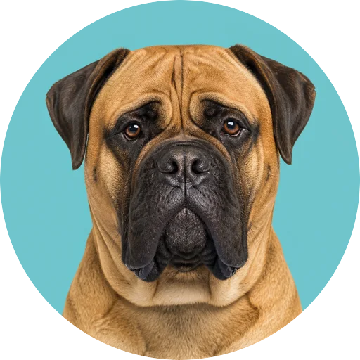 Retrato frontal de cachorro da raça Bullmastiff em fundo turquesa