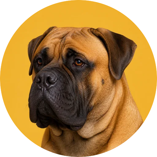 Retrato em ângulo três quartos de cachorro da raça Bullmastiff em fundo mostarda