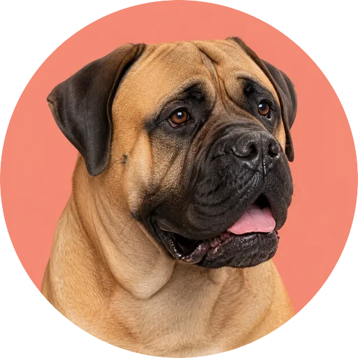 Retrato em ângulo três quartos de cachorro da raça Bullmastiff em fundo coral