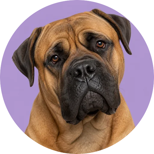 Retrato de cachorro da raça Bullmastiff com leve inclinação da cabeça em fundo lilás