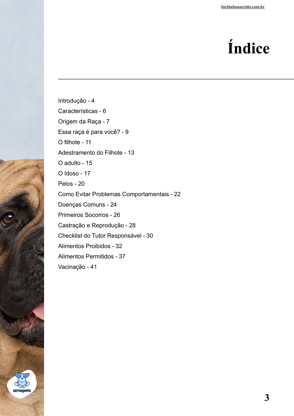 índice do e-book Guia de Como Cuidar do Bullmastiff