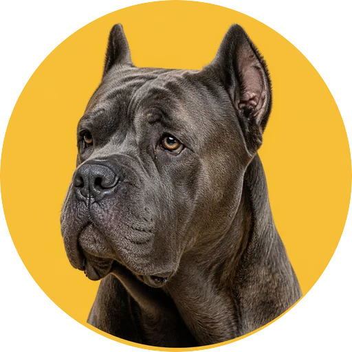 Retrato em ângulo três quartos de cachorro da raça Cane Corso em fundo mostarda
