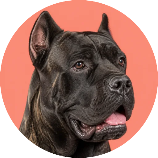 Retrato em ângulo três quartos de cachorro da raça Cane Corso em fundo coral