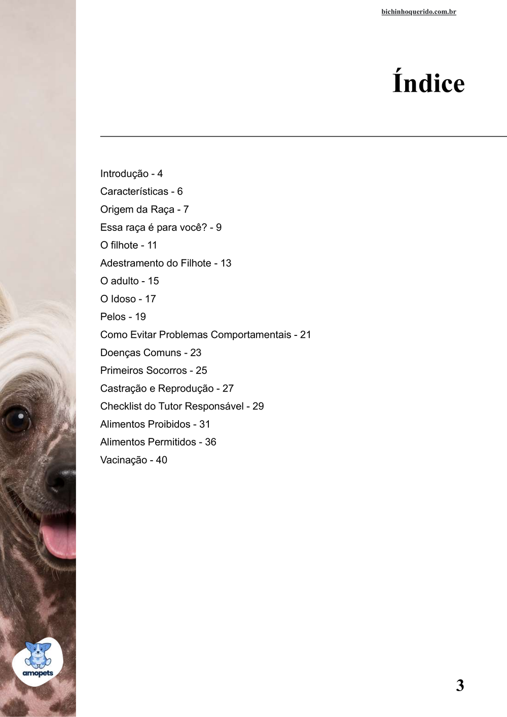índice do e-book Guia de Como Cuidar do Cão de Crista Chinês