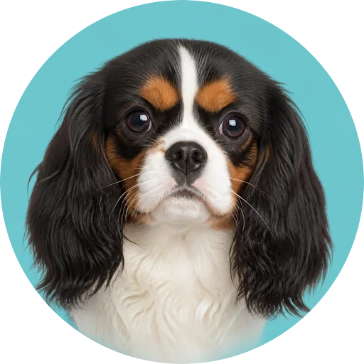 Retrato frontal de cachorro da raça Cavalier King Charles Spaniel em fundo turquesa