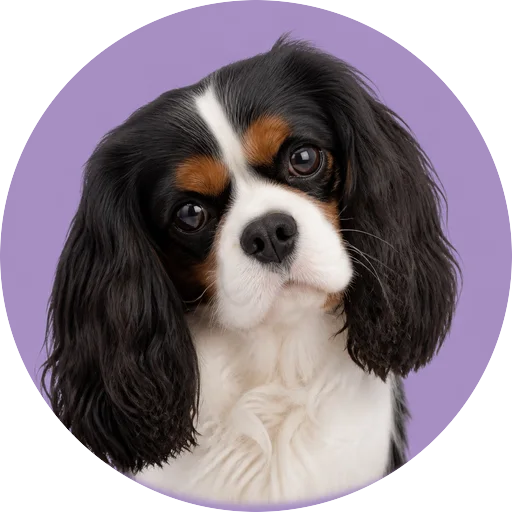 Retrato de cachorro da raça Cavalier King Charles Spaniel com leve inclinação da cabeça em fundo lilás