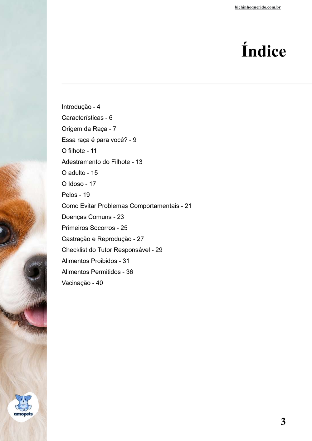 índice do e-book Guia de Como Cuidar do Cavalier King Charles Spaniel