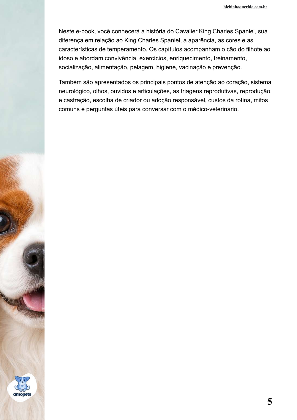 continuação da introdução do e-book Guia de Como Cuidar do Cavalier King Charles Spaniel