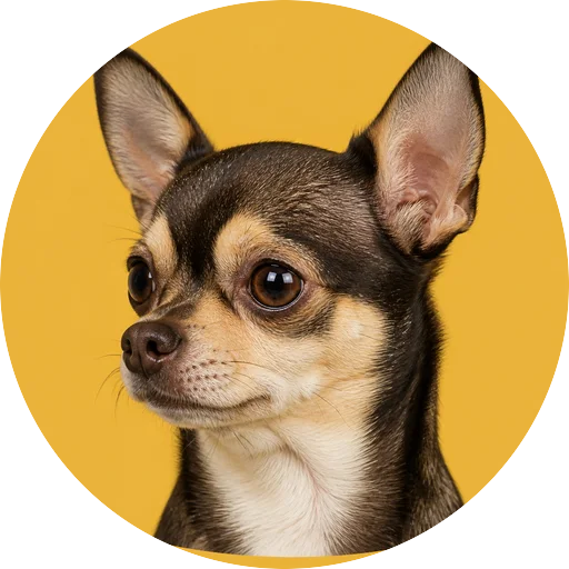 Retrato em ângulo três quartos de cachorro da raça Chihuahua em fundo mostarda