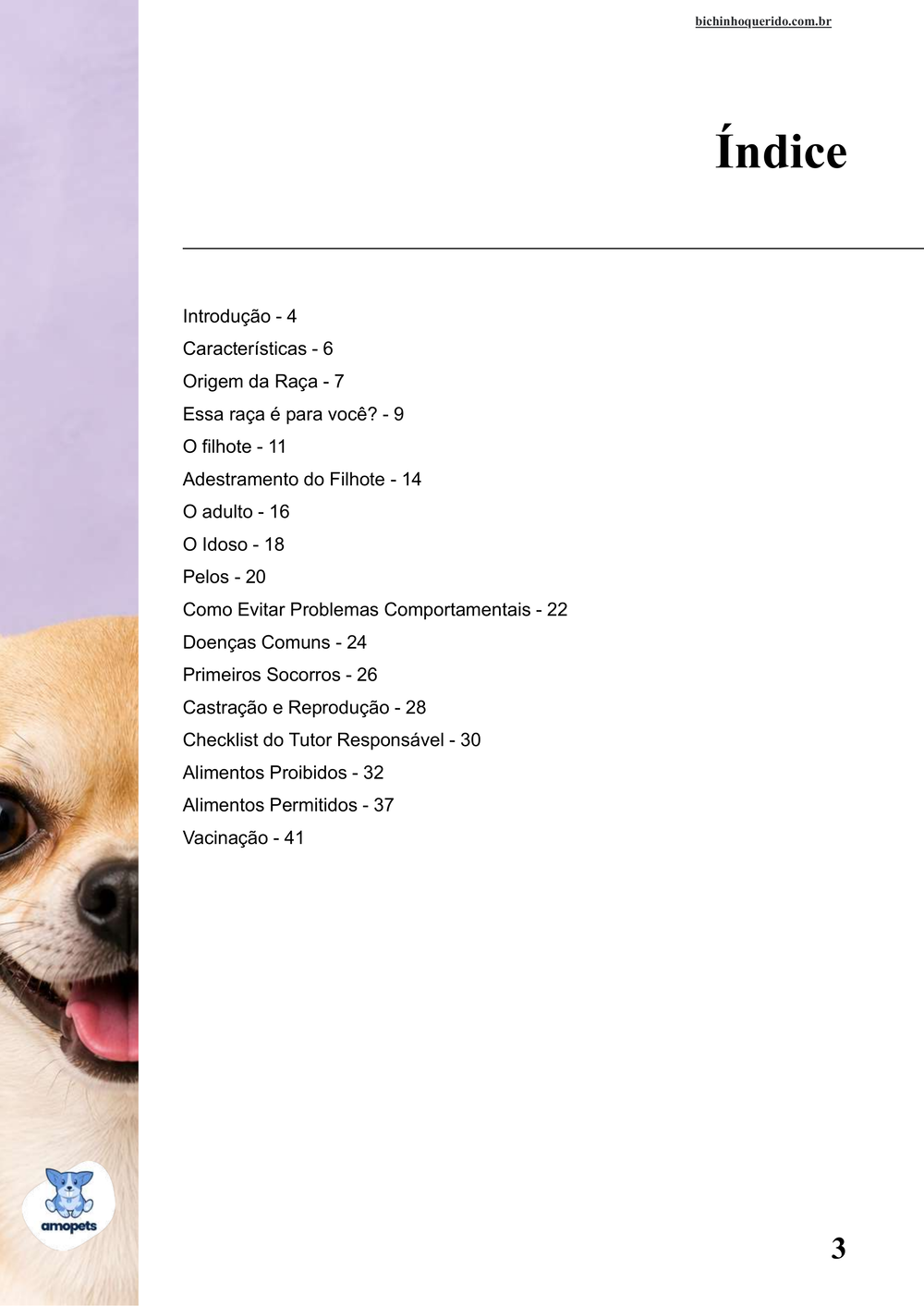índice do e-book Guia de Como Cuidar do Chihuahua