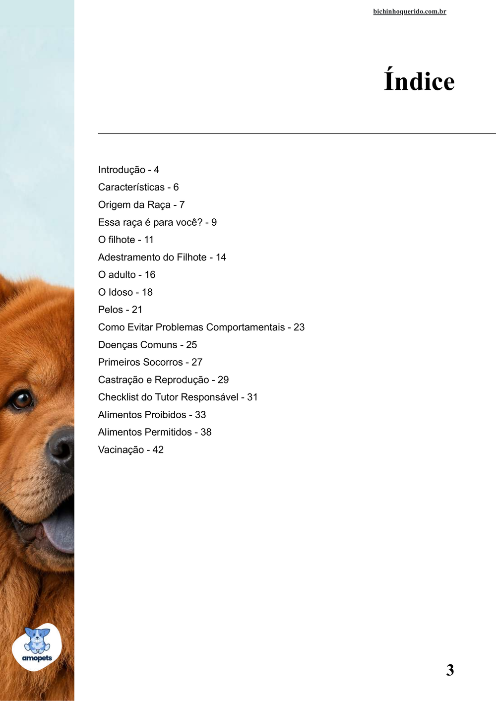 índice do e-book Guia de Como Cuidar do Chow Chow