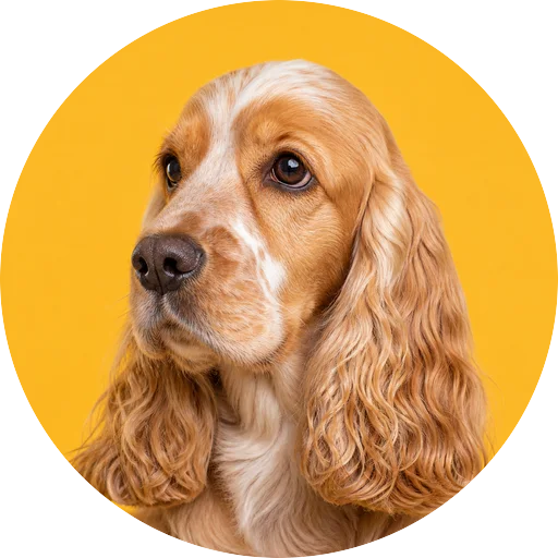 Retrato em ângulo três quartos de cachorro da raça Cocker Spaniel Americano em fundo mostarda