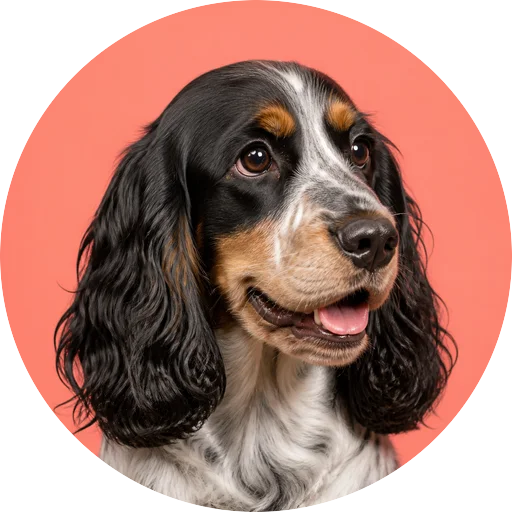 Retrato em ângulo três quartos de cachorro da raça Cocker Spaniel Americano em fundo coral