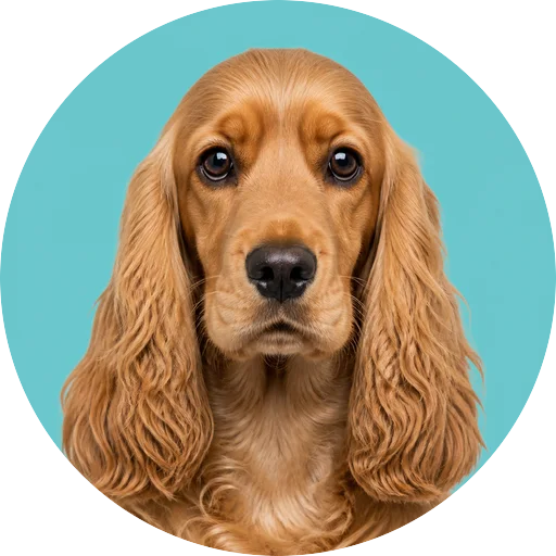 Retrato frontal de cachorro da raça Cocker Spaniel Inglês em fundo turquesa