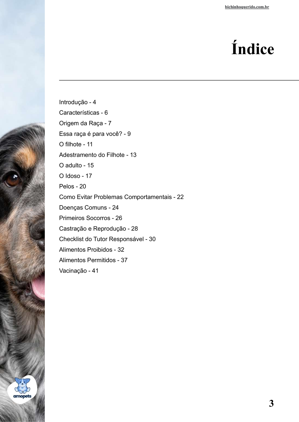 índice do e-book Guia de Como Cuidar do Cocker Spaniel Inglês