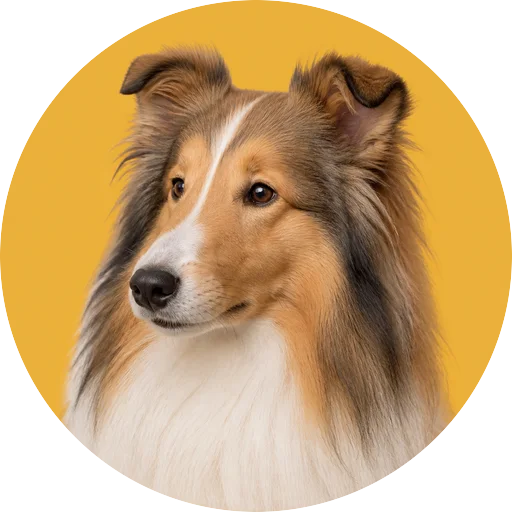 Retrato em ângulo três quartos de cachorro da raça Collie em fundo mostarda