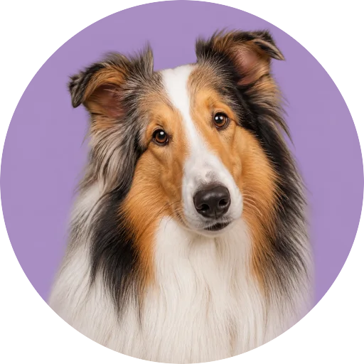 Retrato de cachorro da raça Collie com leve inclinação da cabeça em fundo lilás