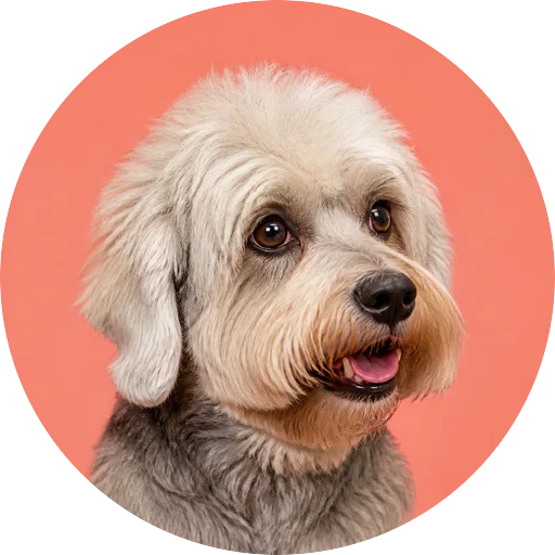 Retrato em ângulo três quartos de cachorro da raça Dandie Dinmont Terrier em fundo coral