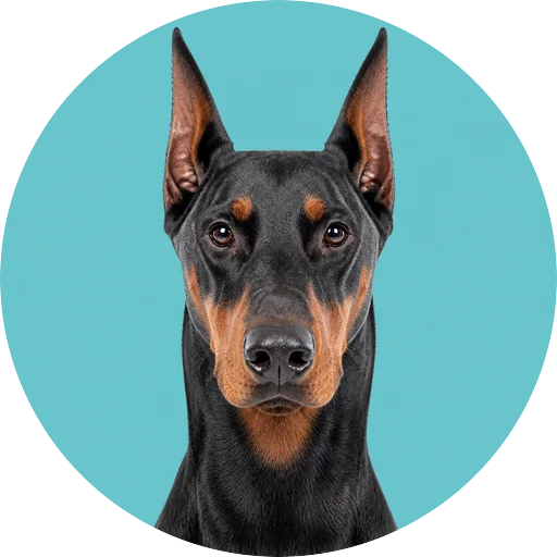 Retrato frontal de cachorro da raça Doberman em fundo turquesa