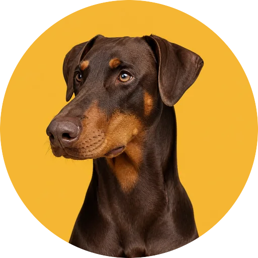 Retrato em ângulo três quartos de cachorro da raça Doberman em fundo mostarda