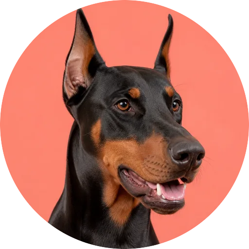 Retrato em ângulo três quartos de cachorro da raça Doberman em fundo coral